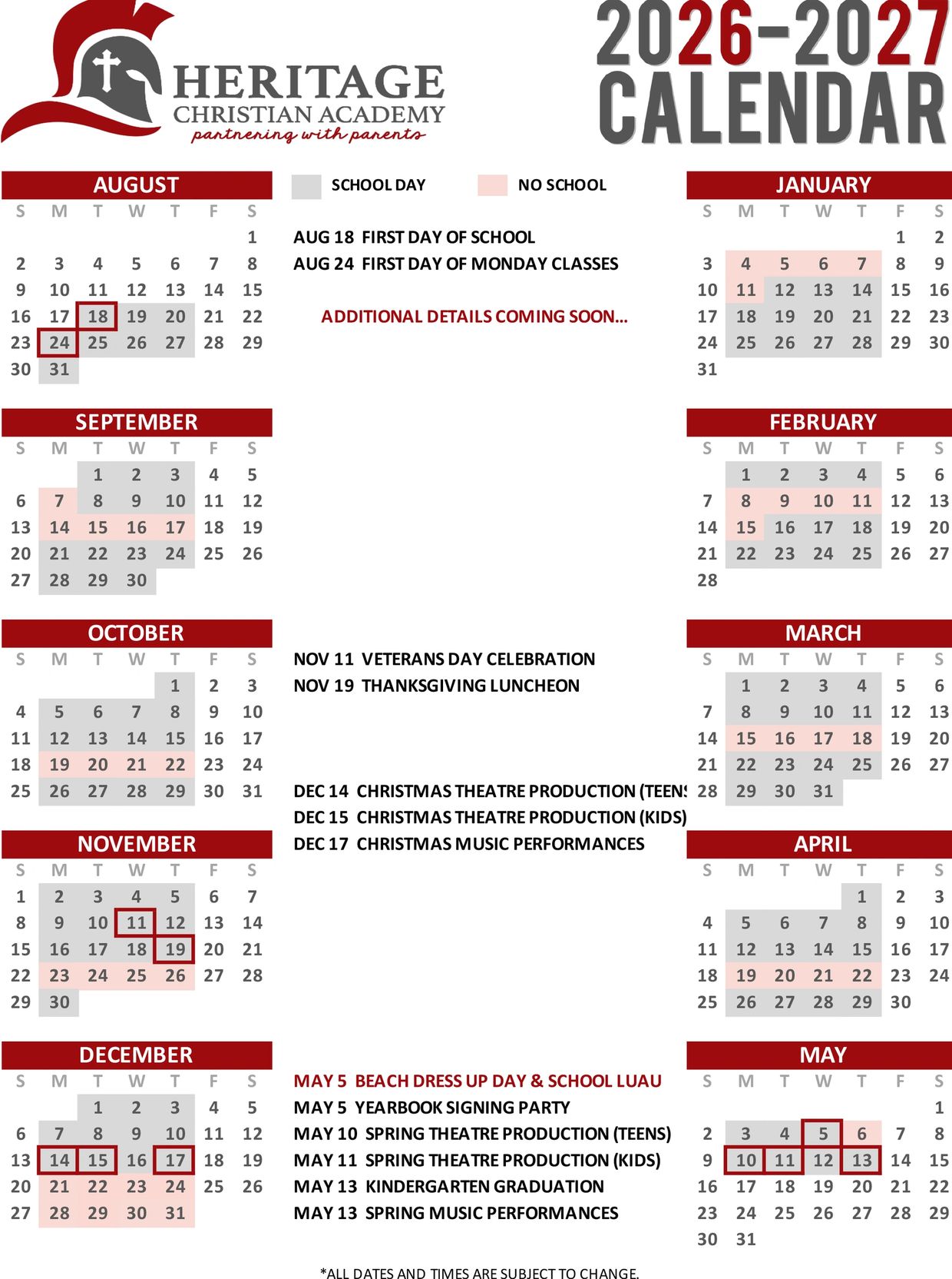 2026-2027 Heritage Christian Academy school calendar with key dates and events.