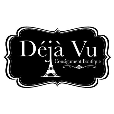 Black and white logo for Déjà Vu Consignment Boutique with Eiffel Tower graphic.