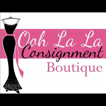 Elegant logo for Ooh La La Consignment Boutique with a black dress illustration.