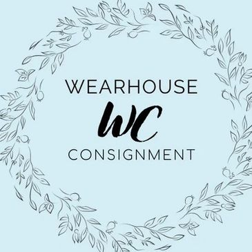 A delicate leafy wreath encircles the text 'Wearhouse WC Consignment' on a soft blue background.