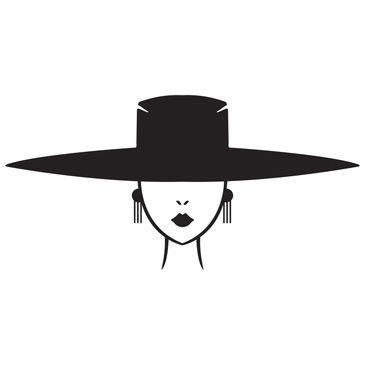 Minimalist illustration of a woman with a wide-brimmed hat and earrings.