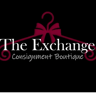Logo of The Exchange Consignment Boutique with a decorative hanger design.