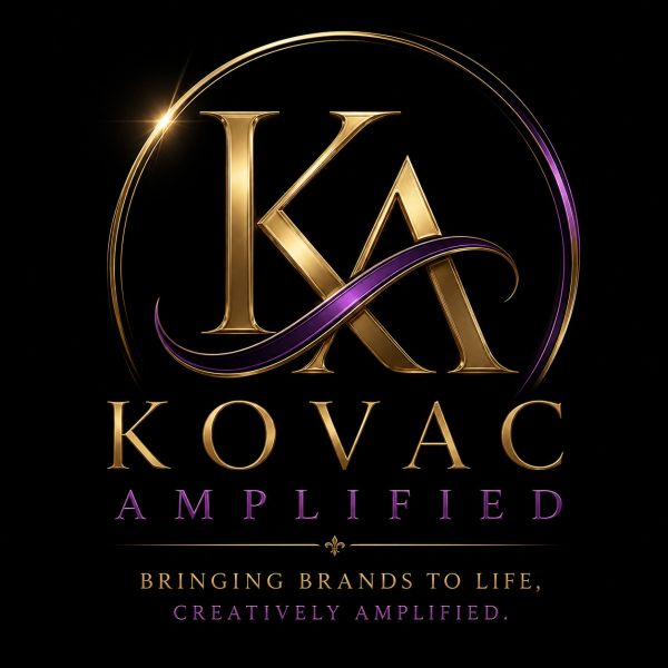 Gold and purple Kovac Amplified logo with tagline.