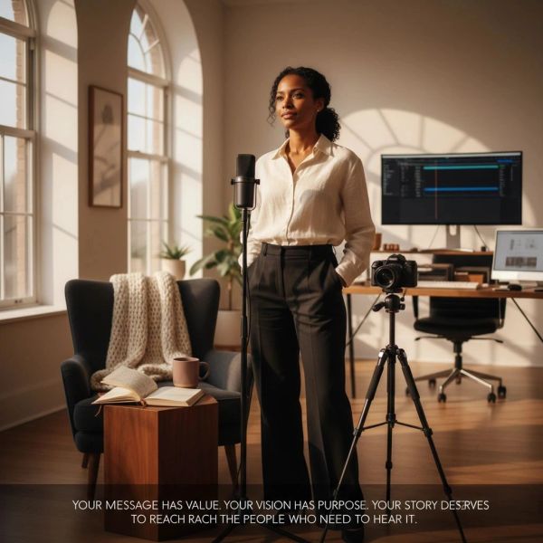 Woman standing confidently in a home studio setup with a microphone and camera.
