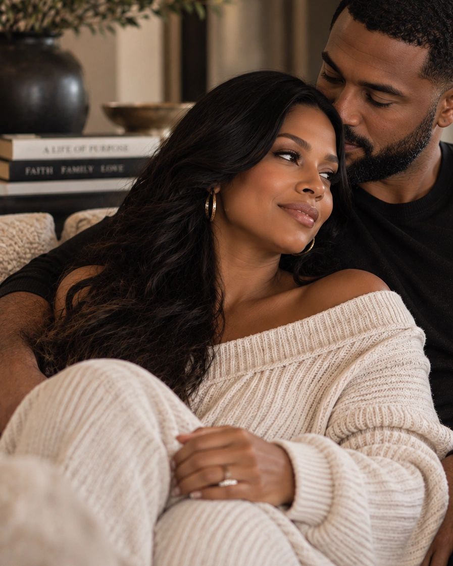 Couple sharing a tender, cozy moment.
