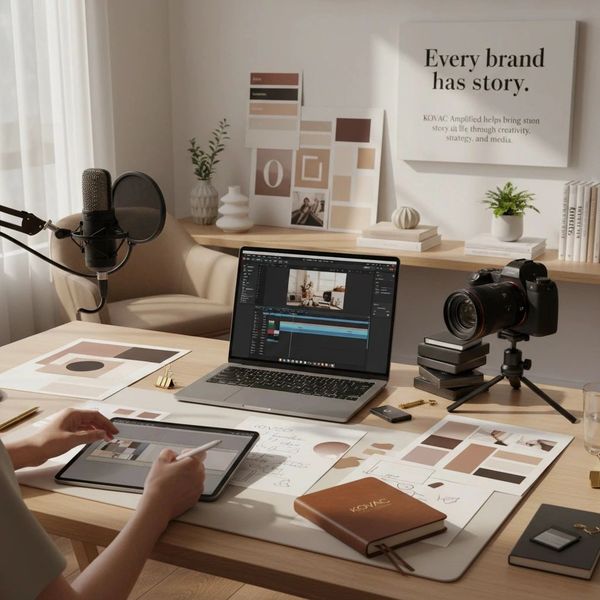 Creative workspace with laptop, camera, and design materials.