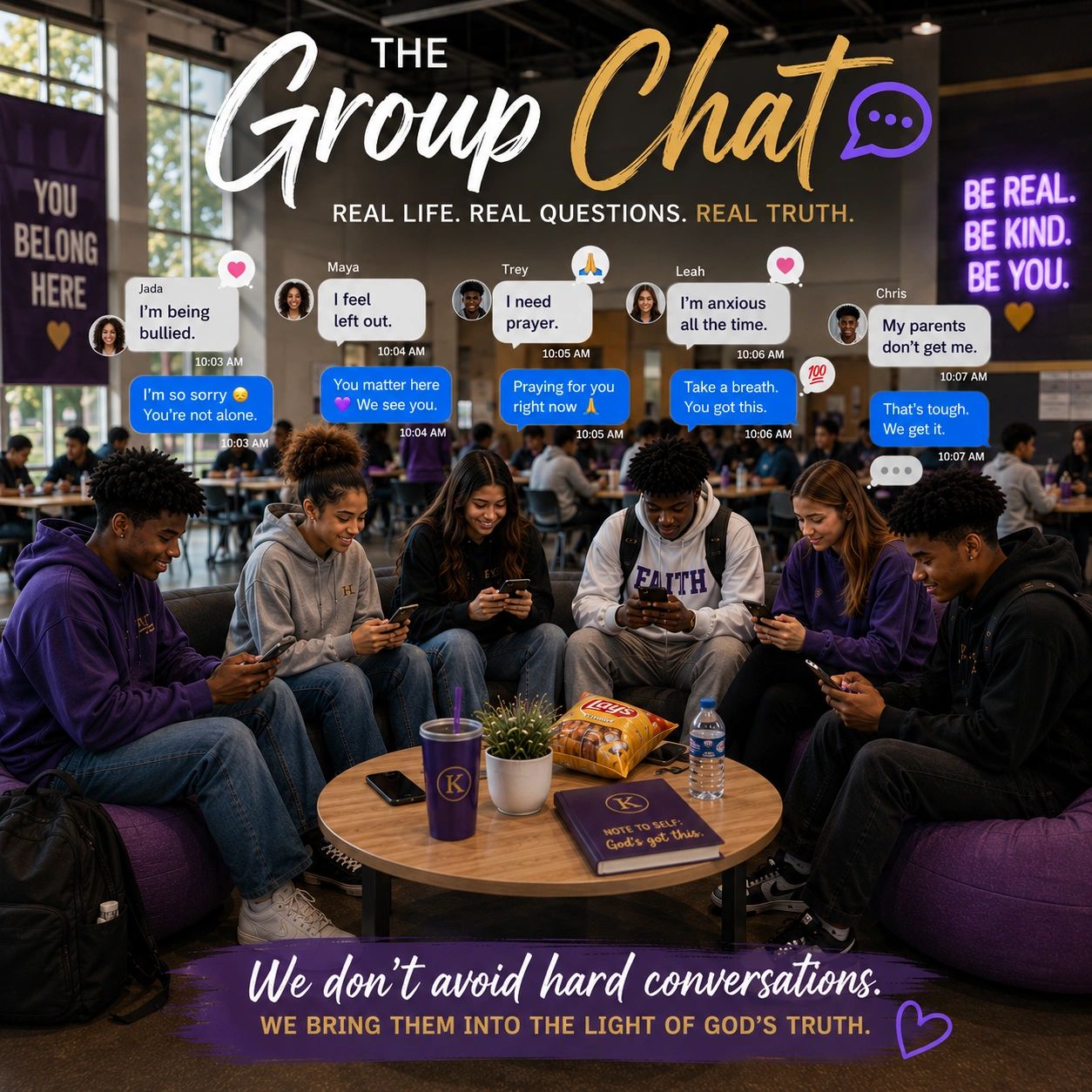 Group of teens supporting each other through a group chat on emotional struggles.