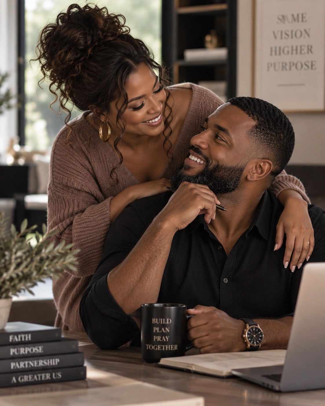 A happy couple sharing a moment at a table with books and a laptop.