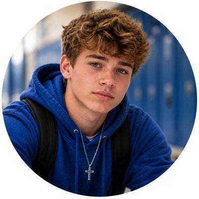 Teen boy in blue hoodie with cross necklace.
