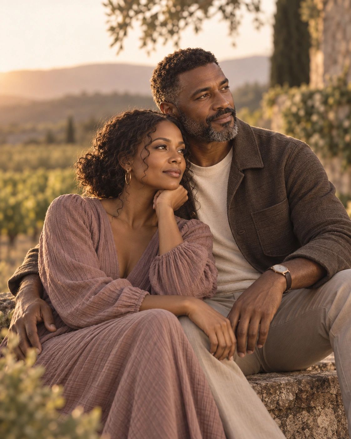 Couple enjoying a peaceful sunset outdoors.