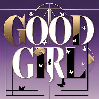 Stylish 'Good Girl' text with gold, black, and white letters against a purple background with butterflies.