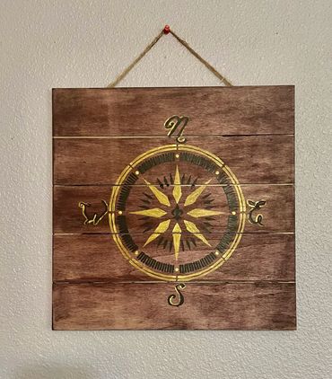 Gold & Black Compass on 14"x14" square wood plank. "Guiding Light"