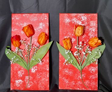 Tulip Symphony Duo - Acrylic paint and artificial flowers on canvas