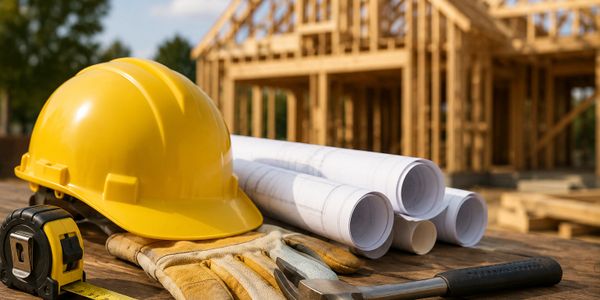 Construction tools and safety gear with house framework in background.