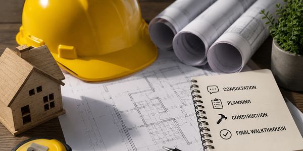 Construction planning setup with blueprints, hard hat, and checklist.