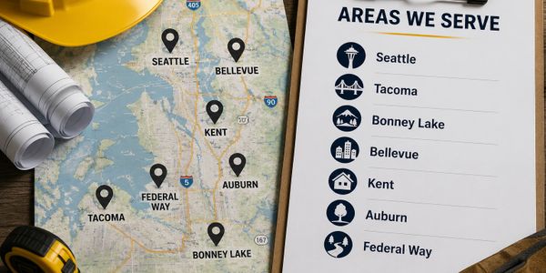 Map highlighting service areas in Seattle and nearby cities with a list on a clipboard.