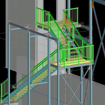3D model of a metal staircase with green railings and platforms.