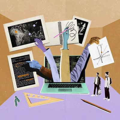 Hands reaching out of a laptop holding educational materials and papers.