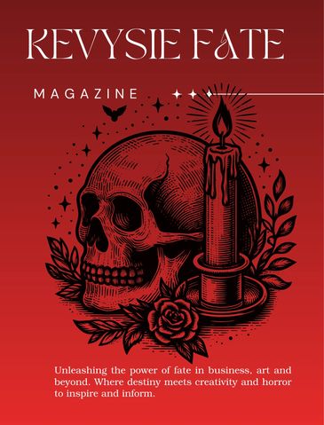 Dark-themed magazine cover with skull, candle, and floral design on red background.