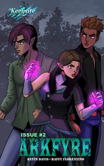 Three intense characters wielding glowing purple magic in a dark, mysterious setting.