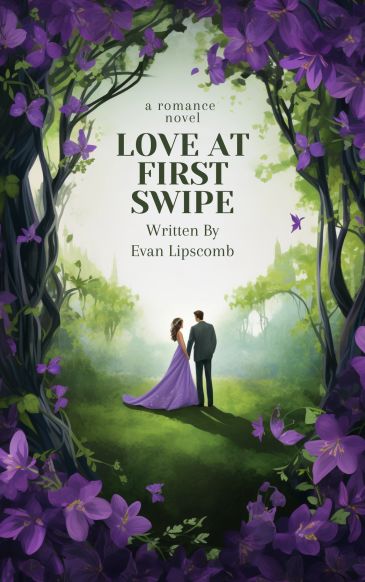 A romantic book cover featuring a couple under purple flowers in a lush green forest.