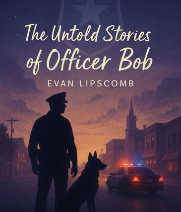 Book cover showing a police officer and dog at dusk in a small town.