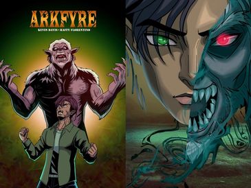A man with a monstrous transformation looming behind him in a dramatic comic style.