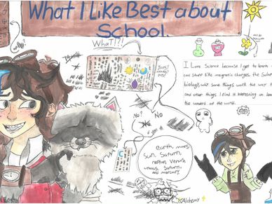 A colorful school-themed drawing with students, a cat, and science notes.