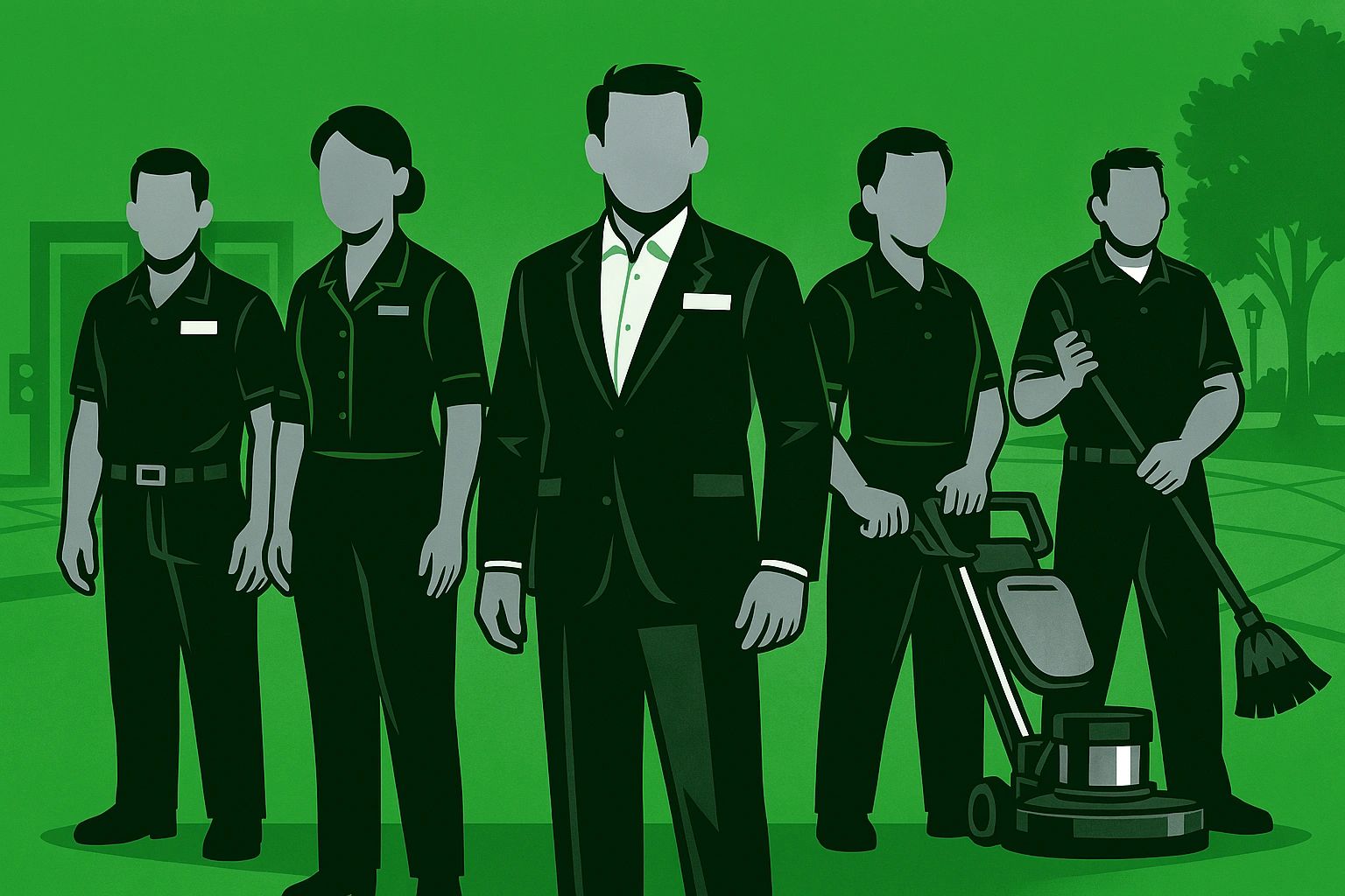 Vector illustration of a cleaning team standing together.