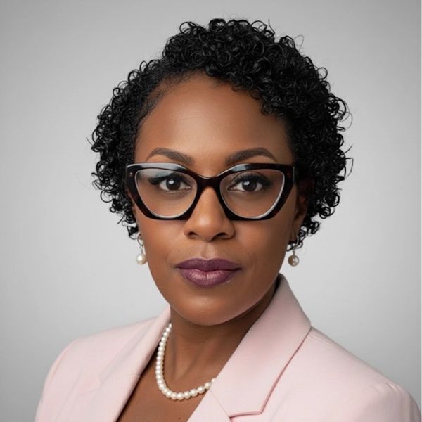 Professional woman with curly hair and glasses.