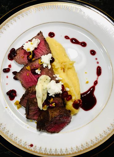 Beef Tenderloin, Pomegranate Red Wine Demi, Creamy Goat Cheese Polenta, Goat Cheese Crumble, Citrus 