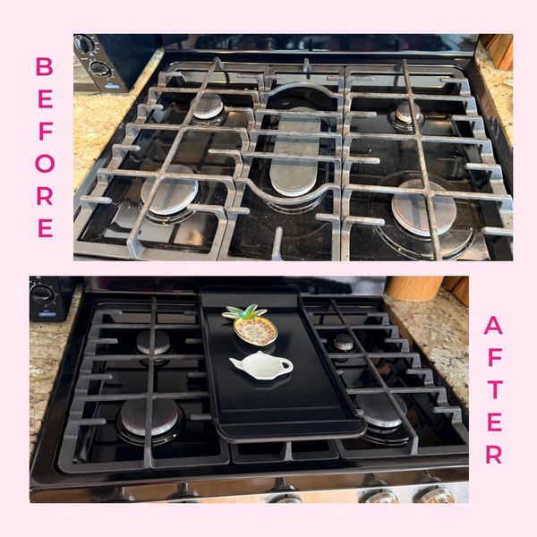 Before and after cleaning a gas stove, showing a shiny, spotless surface.