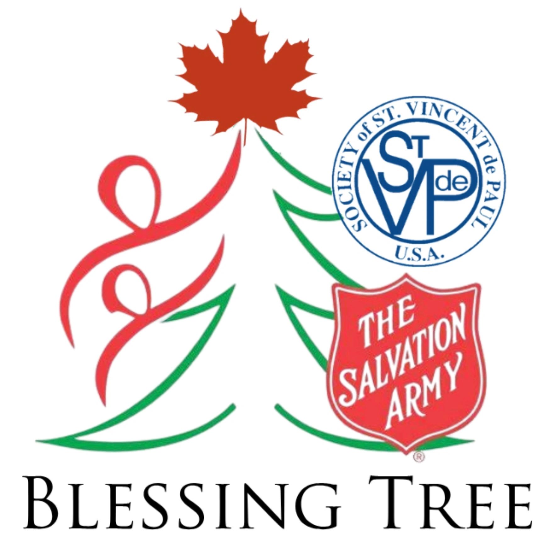 A stylized Christmas Tree topped by a maple leaf next to logos of the Society of St Vincent de Paul 