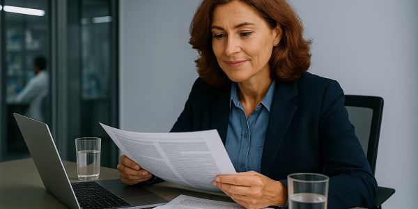 Professional woman reviewing documents at her desk with a laptop and glasses of water.