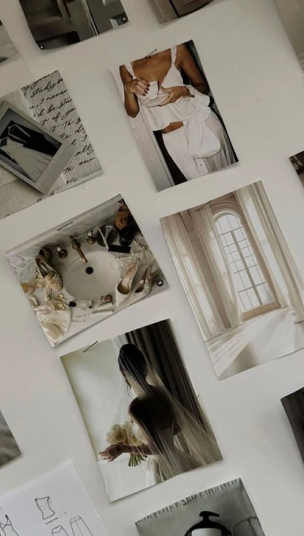 A collage of wedding-themed photos with a bride, shoes, and elegant interiors.