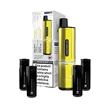 A multiple closed-pod vaping device pictured with pods and packaging.