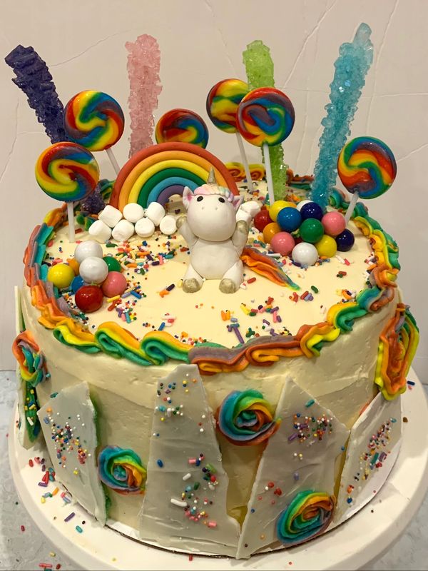 rainbow unicorn candy cake
