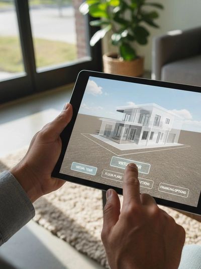 Person using tablet for a virtual house tour app indoors.
