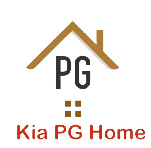 Logo of Kia PG Home Boys Hostel with house roof and chimney design.