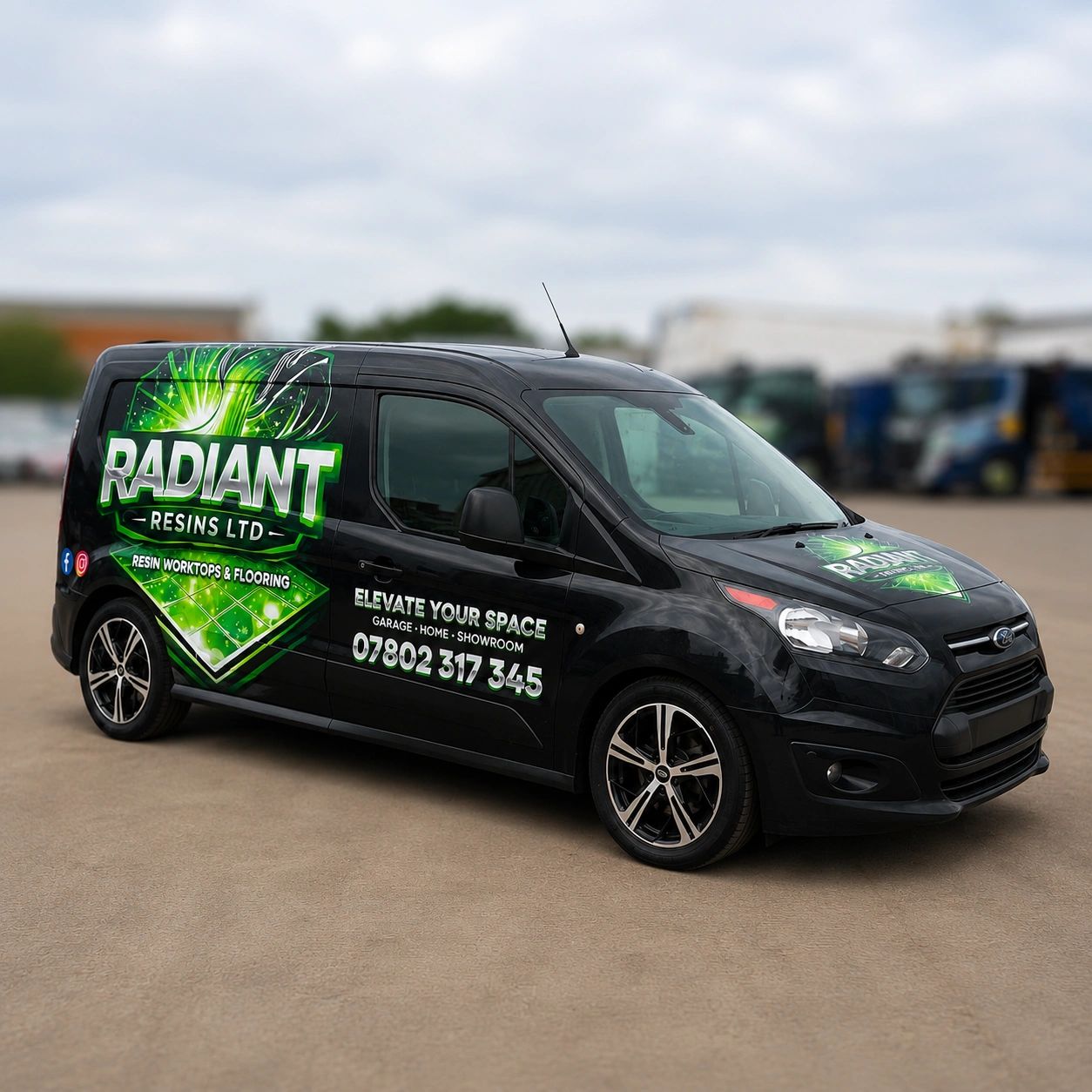 Black van with Radiant Resins Ltd advertisement in green and white.