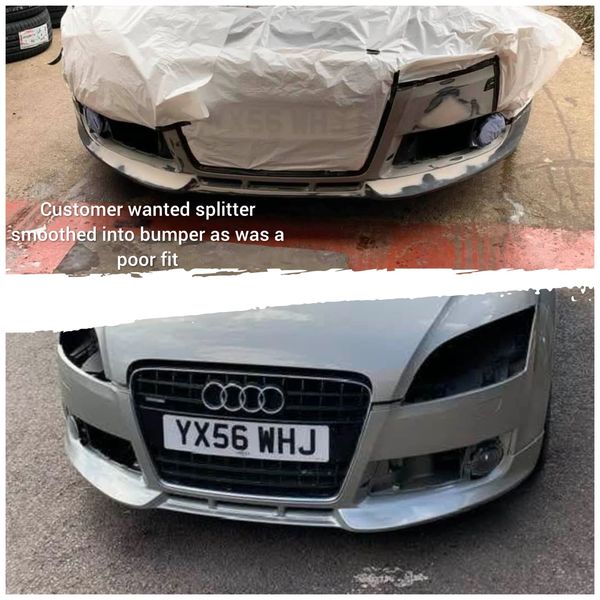 Audi bumper before and after smoothing the splitter for a better fit.