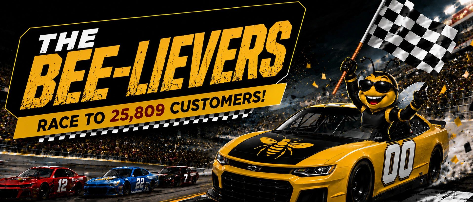 Bee mascot celebrating victory in a racing car with checkered flag.