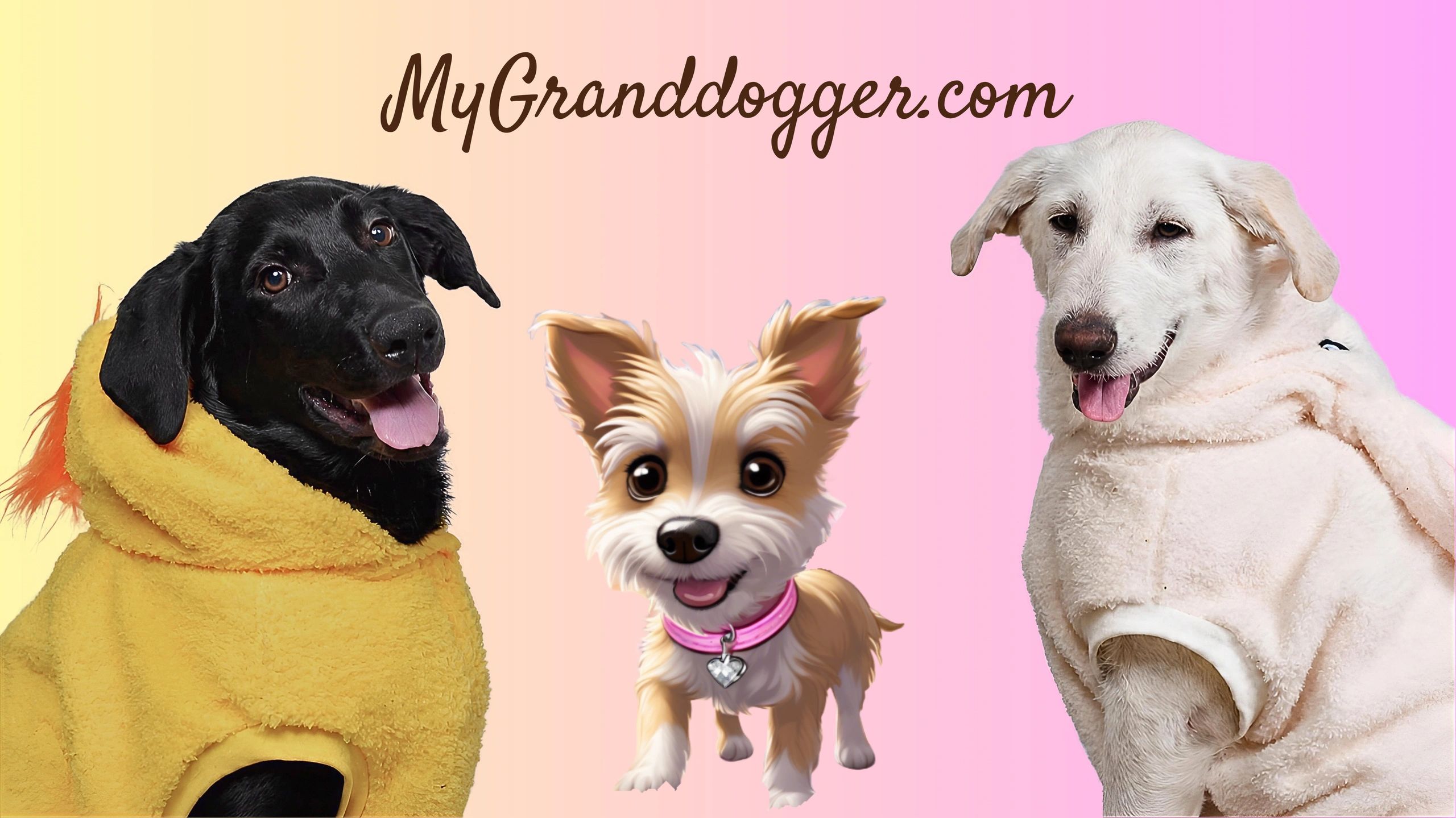 Black and White Irish Wolfhound littermates on a pink and yellow background with a cartoon Tato 