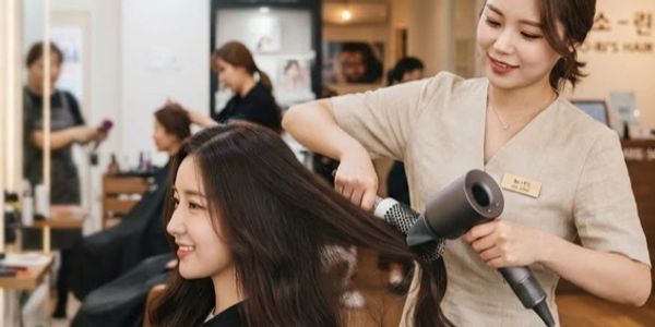 Hairdresser blow-drying a woman's hair in a salon.