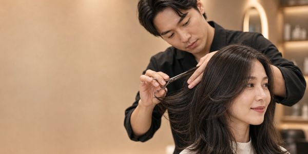 A man cutting a woman's hair in a salon.