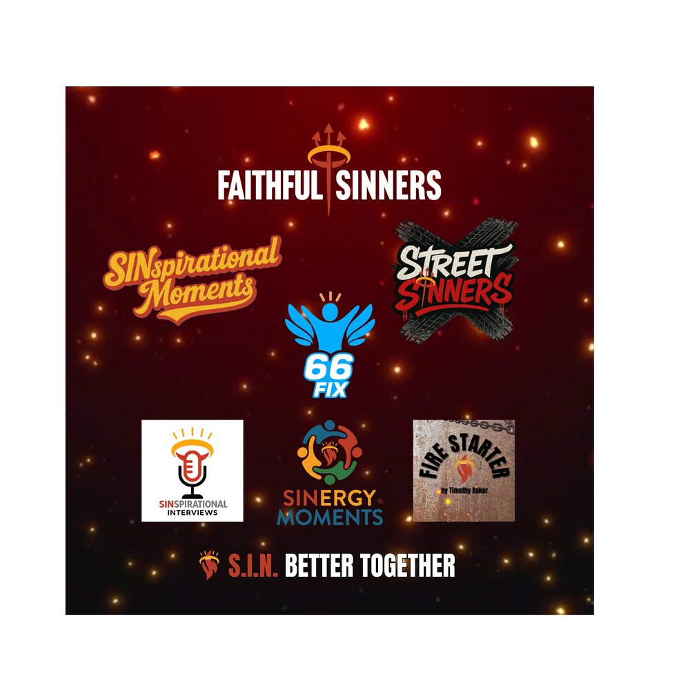 Collage of logos for SIN-themed groups and podcasts with fiery background.