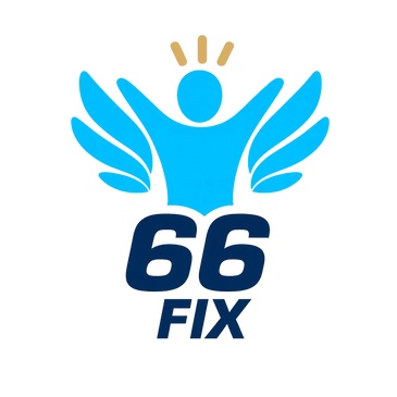 Logo with blue figure, wings, and text '66 FIX'.