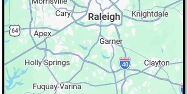 Map showing Raleigh and nearby cities in North Carolina.