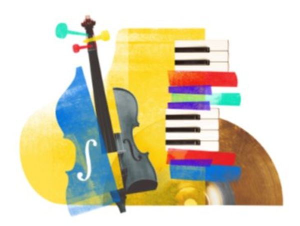 Abstract artwork combining violin and piano keys.