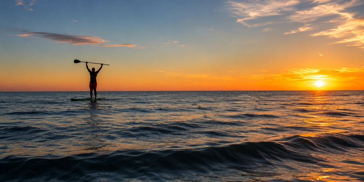 Person holding paddle up on a paddleboard at sunset on the ocean.